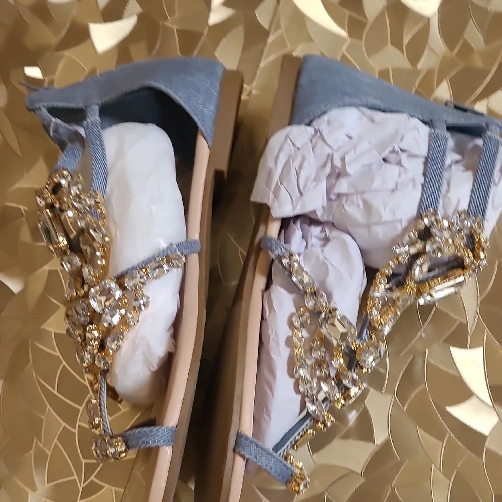 Shoe Dazzle Gold Crystal & Denim Gladiator Sandals - Picture 3 of 12